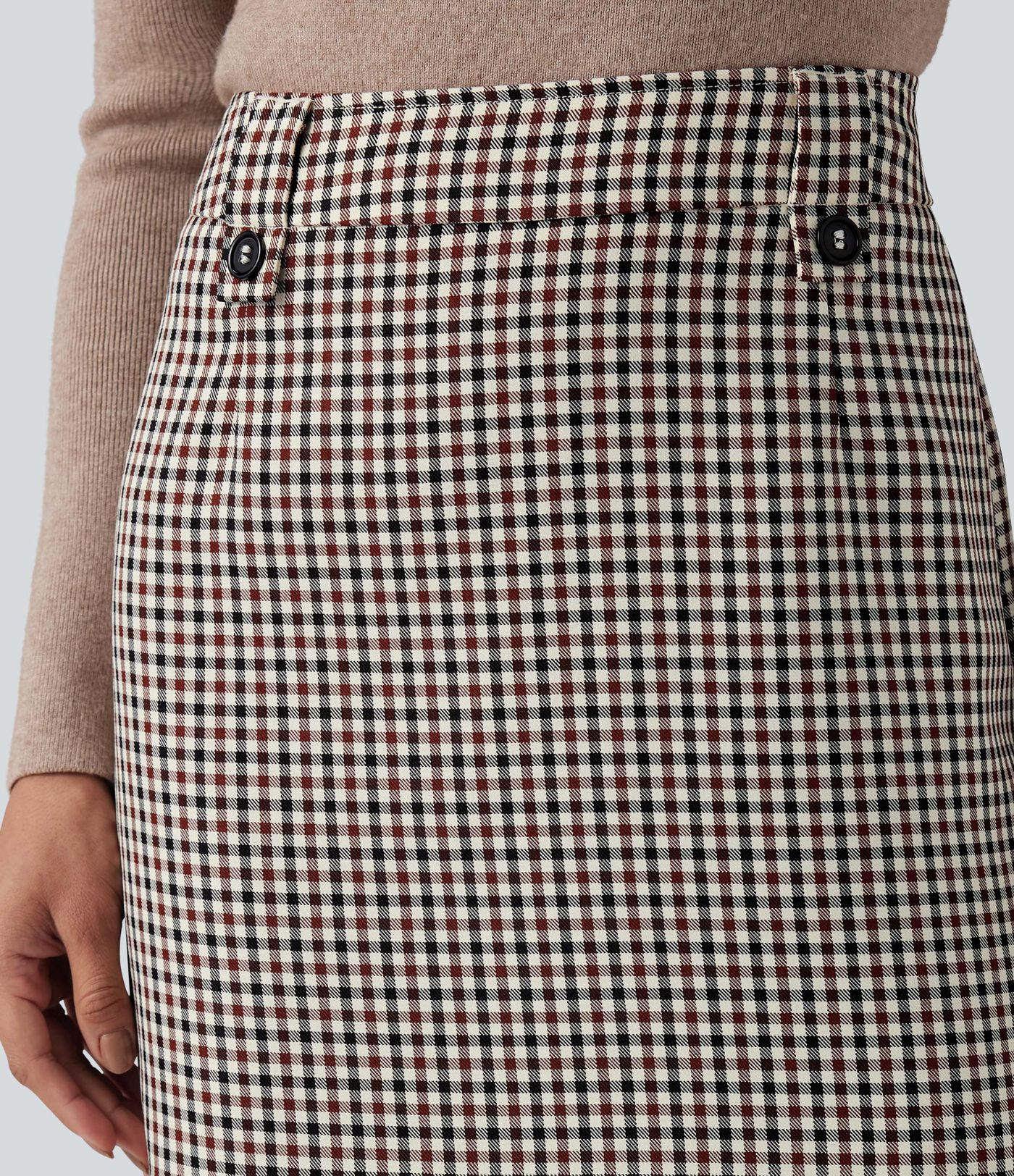 Mid Rise Zip Split Plaid Work Straight Skirt with Pockets