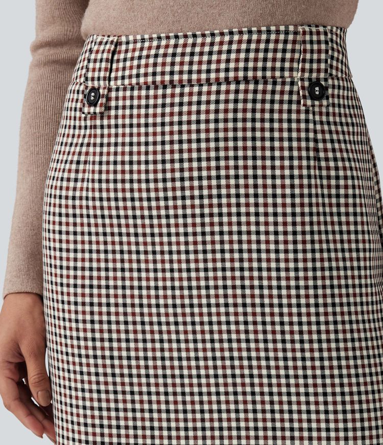 Mid Rise Zip Split Plaid Work Straight Skirt with Pockets