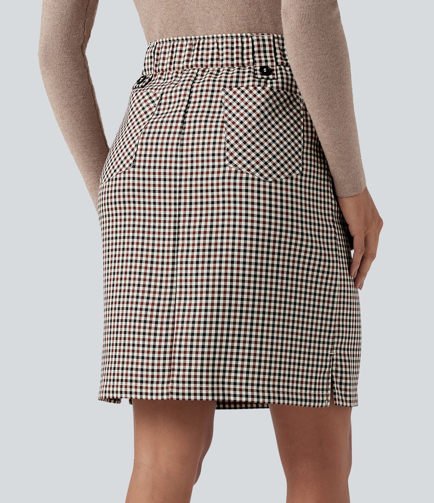 Mid Rise Zip Split Plaid Work Straight Skirt with Pockets