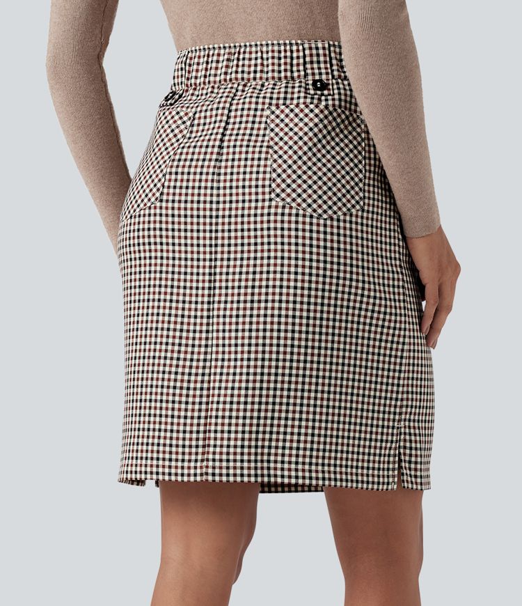 Mid Rise Zip Split Plaid Work Straight Skirt with Pockets