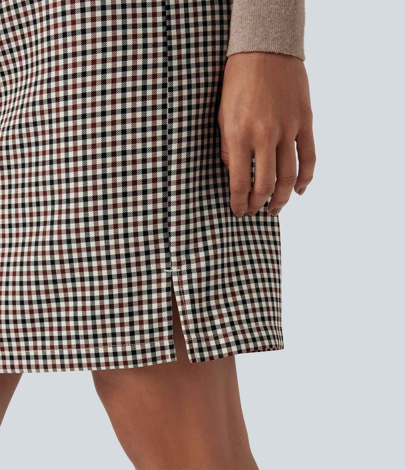 Mid Rise Zip Split Plaid Work Straight Skirt with Pockets