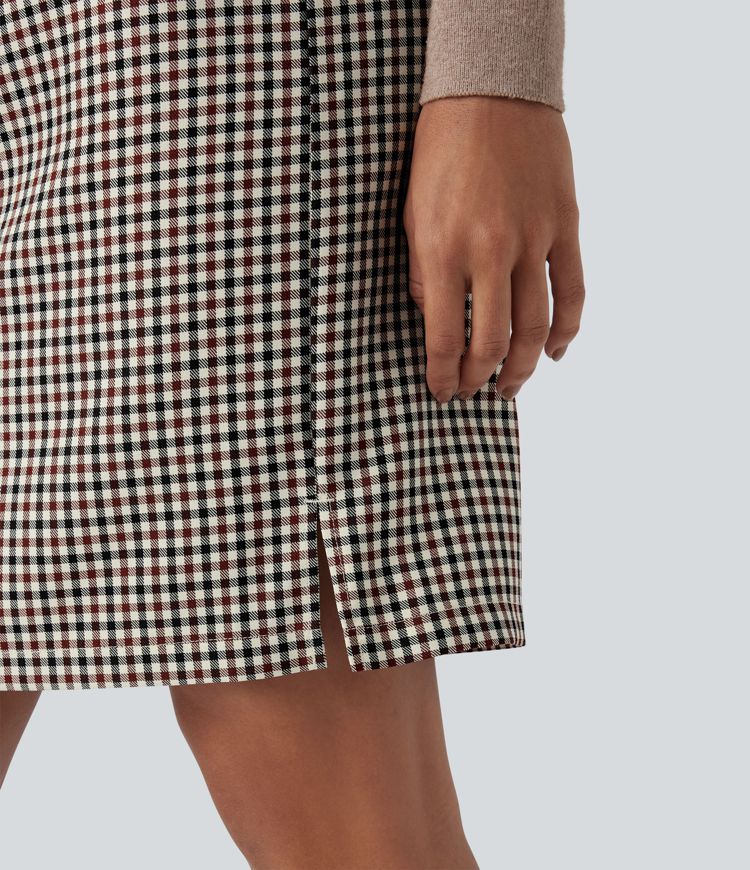 Mid Rise Zip Split Plaid Work Straight Skirt with Pockets