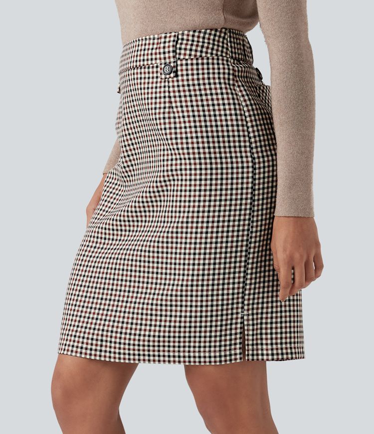 Mid Rise Zip Split Plaid Work Straight Skirt with Pockets