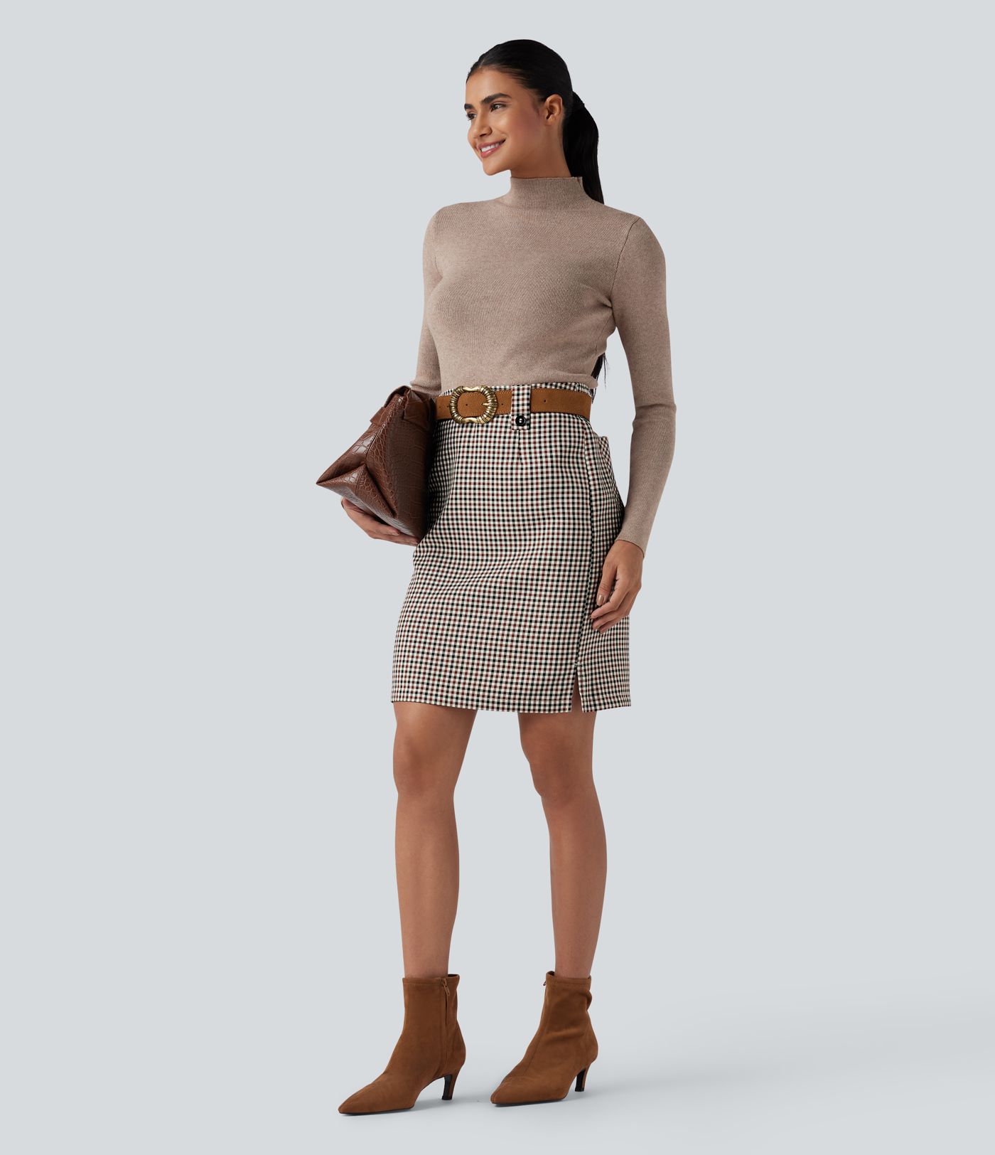 Mid Rise Zip Split Plaid Work Straight Skirt with Pockets