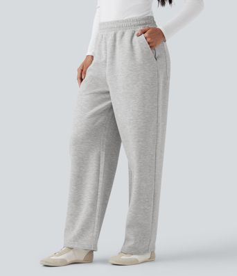 High Waisted Drawstring Cinchable Hem Casual Wide Leg Pants with Pockets