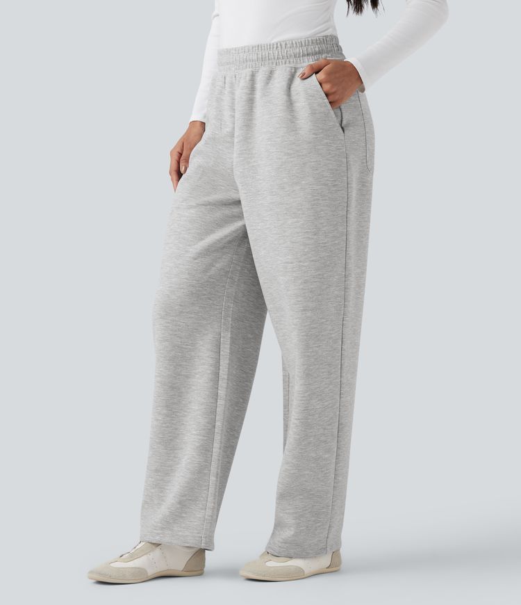 High Waisted Drawstring Cinchable Hem Casual Wide Leg Pants with Pockets