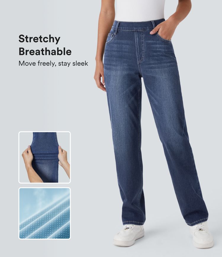 Halara Flex™ High Waisted Pockets Straight Leg Washed Casual Jeans