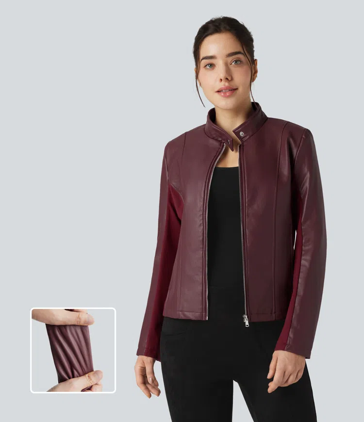 Stand Collar Zipper Long Sleeve Fleece Casual PU Faux Leather Jacket with Pockets