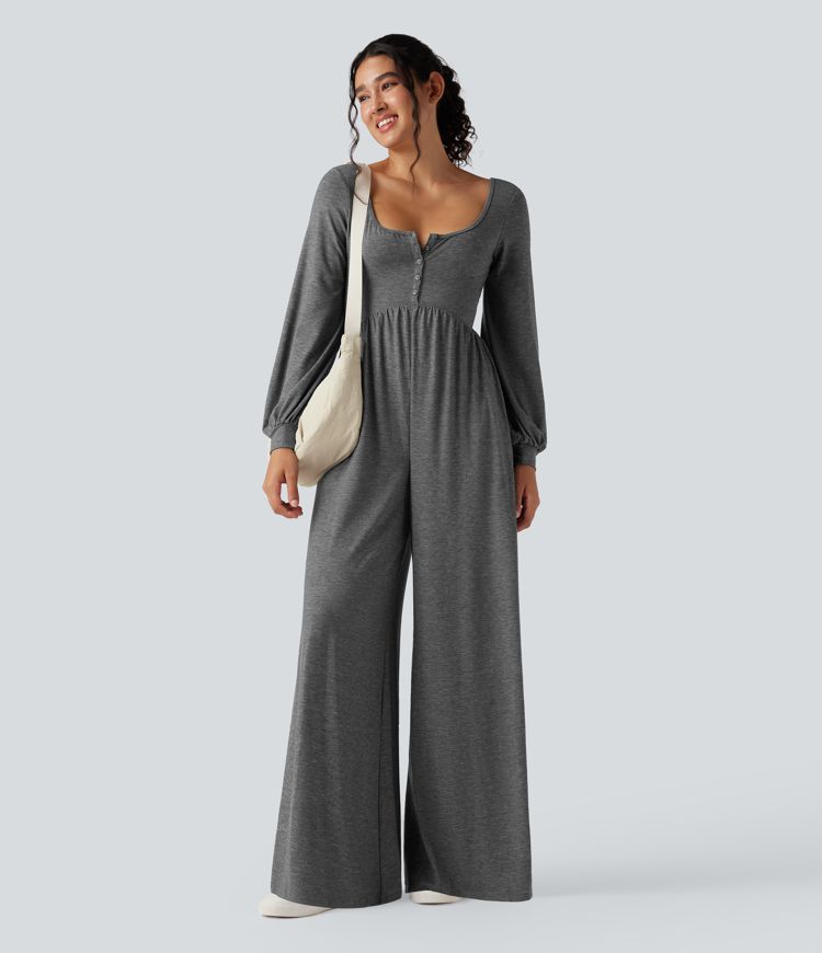 Scoop Neck Backless Long Sleeve Heathered Casual Wide Leg Jumpsuit with Pockets-Easy Peezy