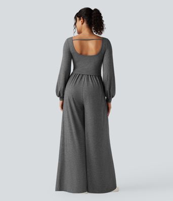 Scoop Neck Backless Long Sleeve Heathered Casual Wide Leg Jumpsuit with Pockets-Easy Peezy