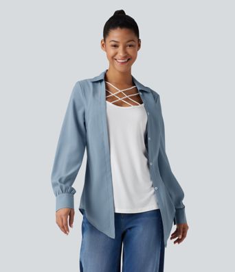 Wrinkle-resistant Collar Crisscross Curved Hem Color Block 2-in-1 Casual Shirt
