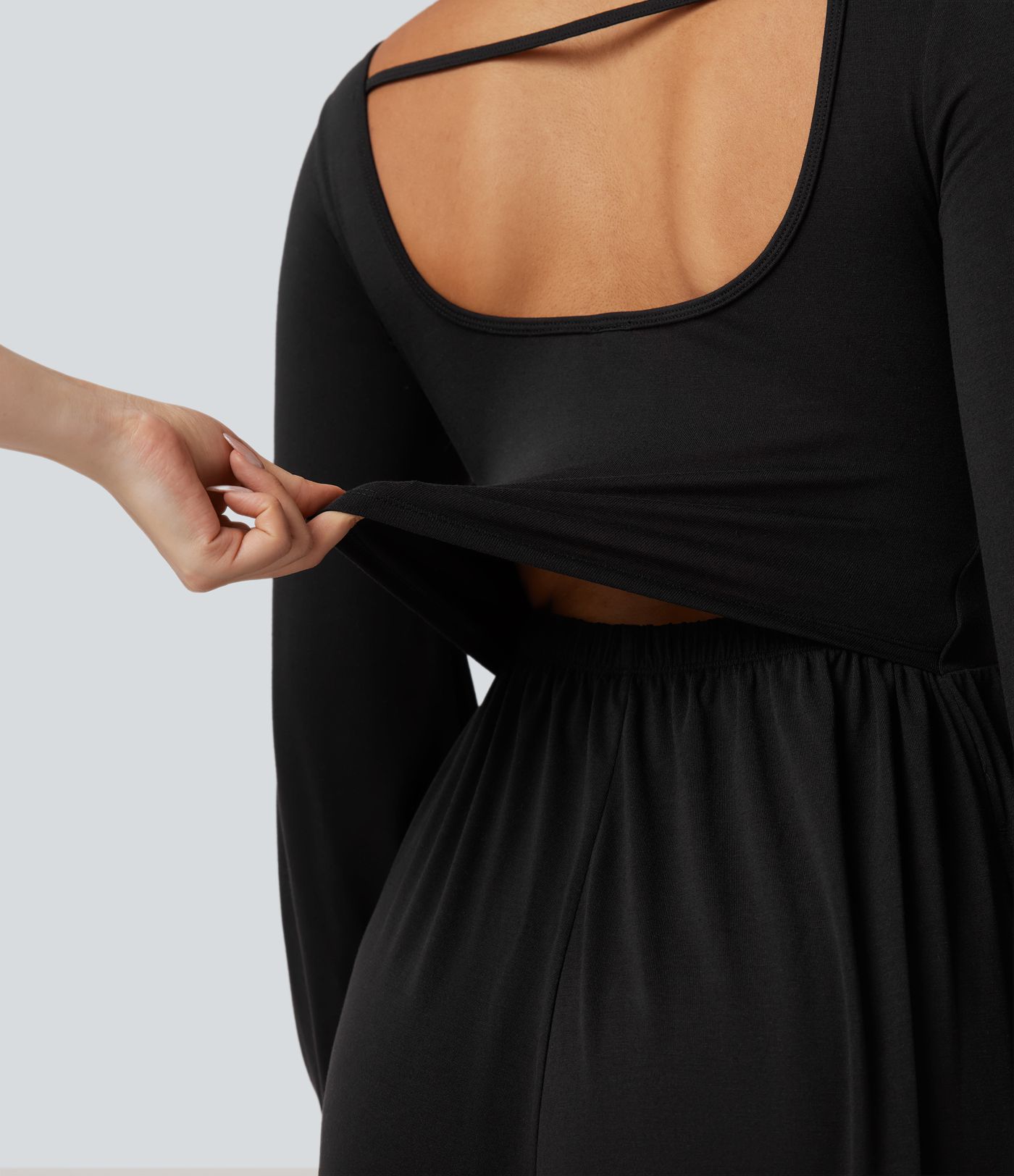 Scoop Neck Backless Long Sleeve Heathered Casual Wide Leg Jumpsuit with Pockets-Easy Peezy