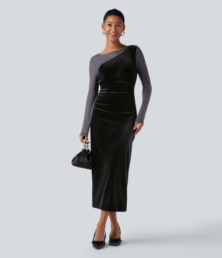 Women's Round Neck Long Sleeve Contrast Mesh Ruched Midi Velvet Party Dress