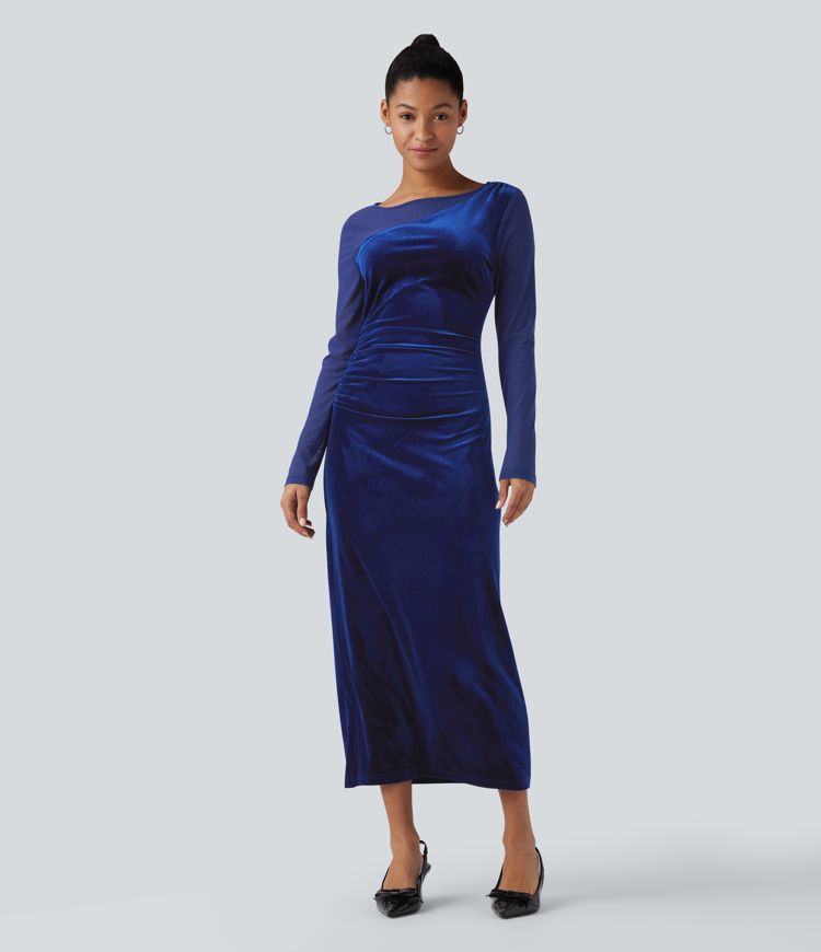 Round Neck Long Sleeve Contrast Mesh Ruched Midi Velvet Party Dress
