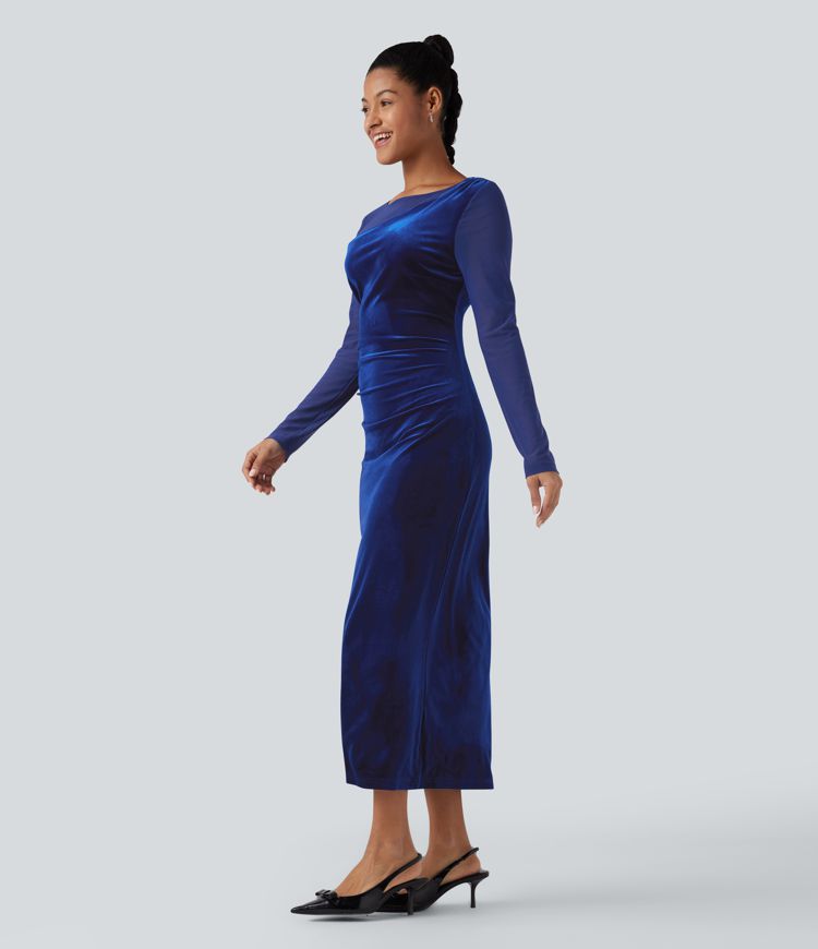Round Neck Long Sleeve Contrast Mesh Ruched Midi Velvet Party Dress