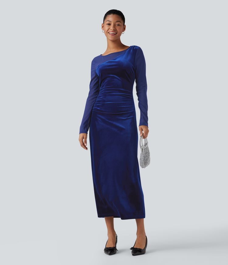 Round Neck Long Sleeve Contrast Mesh Ruched Midi Velvet Party Dress