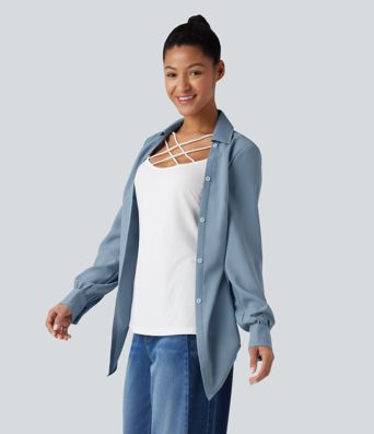 Wrinkle-resistant Collar Crisscross Curved Hem Color Block 2-in-1 Casual Shirt