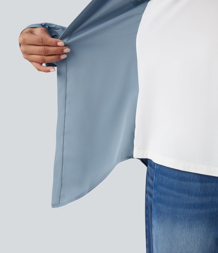 Wrinkle-resistant Collar Crisscross Curved Hem Color Block 2-in-1 Casual Shirt