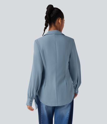 Wrinkle-resistant Collar Crisscross Curved Hem Color Block 2-in-1 Casual Shirt