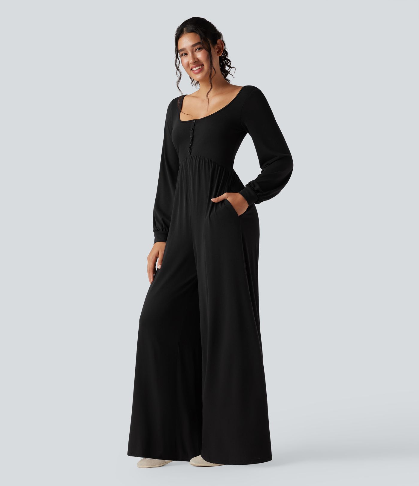 Scoop Neck Backless Long Sleeve Heathered Casual Wide Leg Jumpsuit with Pockets-Easy Peezy