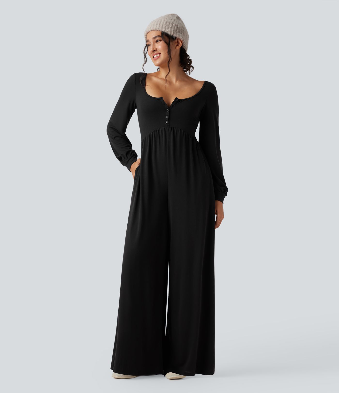 Scoop Neck Backless Long Sleeve Heathered Casual Wide Leg Jumpsuit with Pockets-Easy Peezy