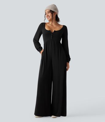 Scoop Neck Backless Long Sleeve Heathered Casual Wide Leg Jumpsuit with Pockets-Easy Peezy