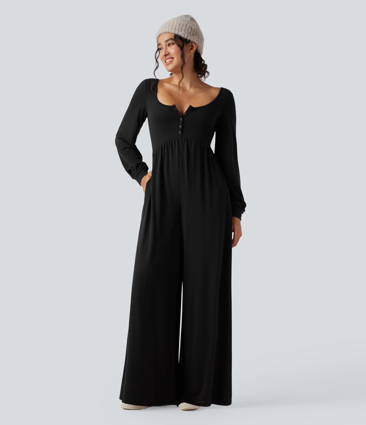 Scoop Neck Backless Long Sleeve Heathered Casual Wide Leg Jumpsuit with Pockets-Easy Peezy