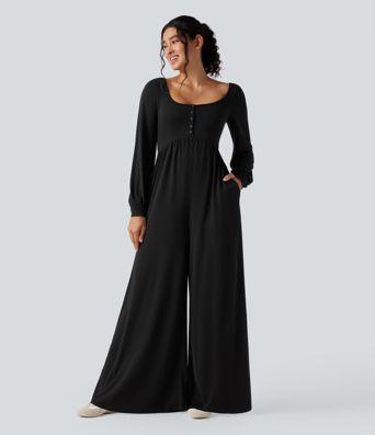 Scoop Neck Backless Long Sleeve Heathered Casual Wide Leg Jumpsuit with Pockets-Easy Peezy