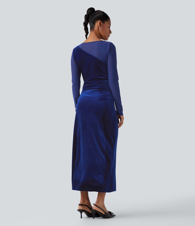 Round Neck Long Sleeve Contrast Mesh Ruched Midi Velvet Party Dress