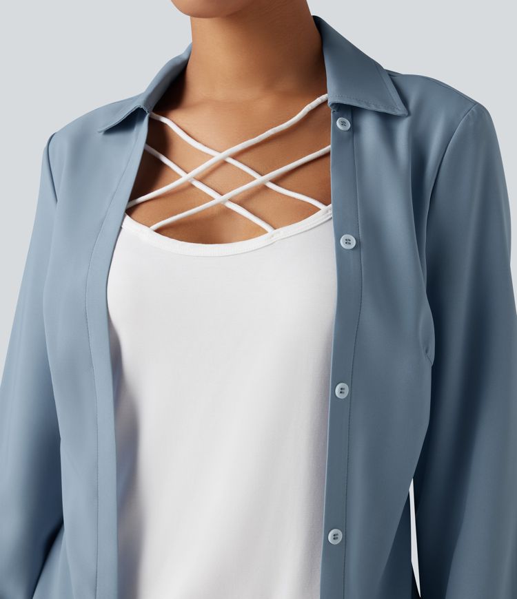 Wrinkle-resistant Collar Crisscross Curved Hem Color Block 2-in-1 Casual Shirt