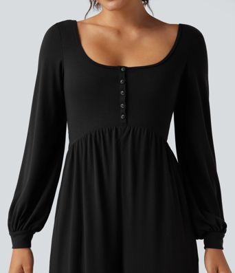 Scoop Neck Backless Long Sleeve Heathered Casual Wide Leg Jumpsuit with Pockets-Easy Peezy