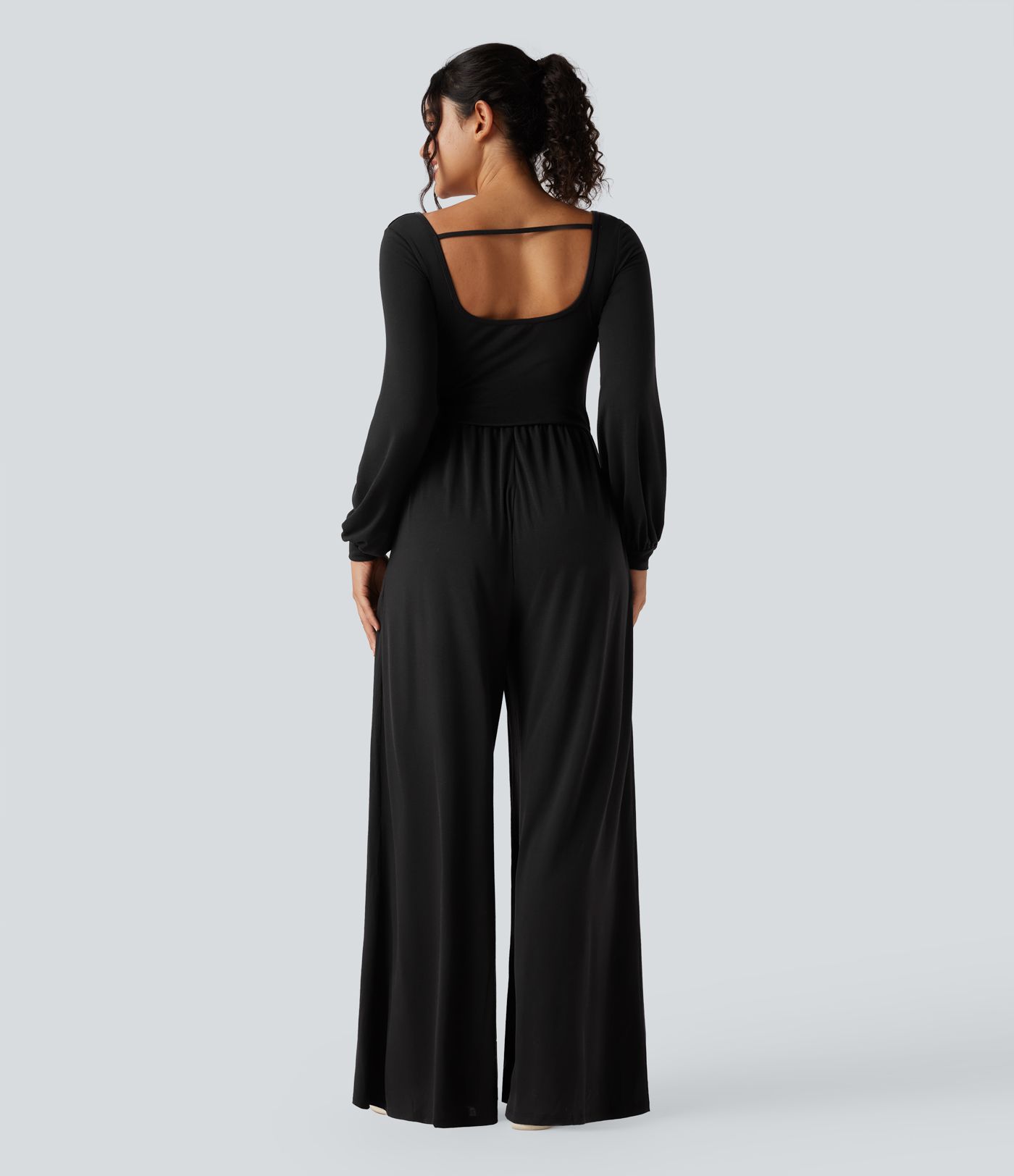 Scoop Neck Backless Long Sleeve Heathered Casual Wide Leg Jumpsuit with Pockets-Easy Peezy