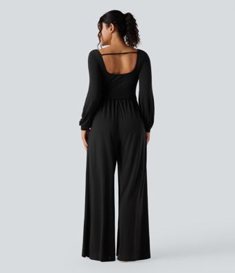Scoop Neck Backless Long Sleeve Heathered Casual Wide Leg Jumpsuit with Pockets-Easy Peezy
