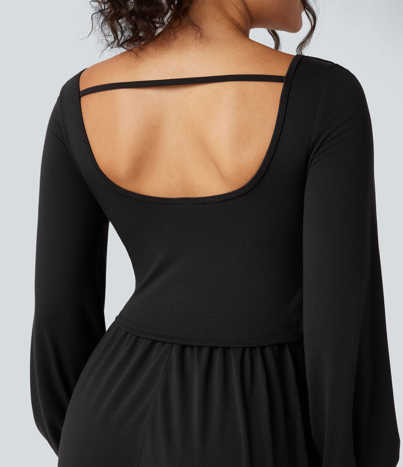 Scoop Neck Backless Long Sleeve Heathered Casual Wide Leg Jumpsuit with Pockets-Easy Peezy