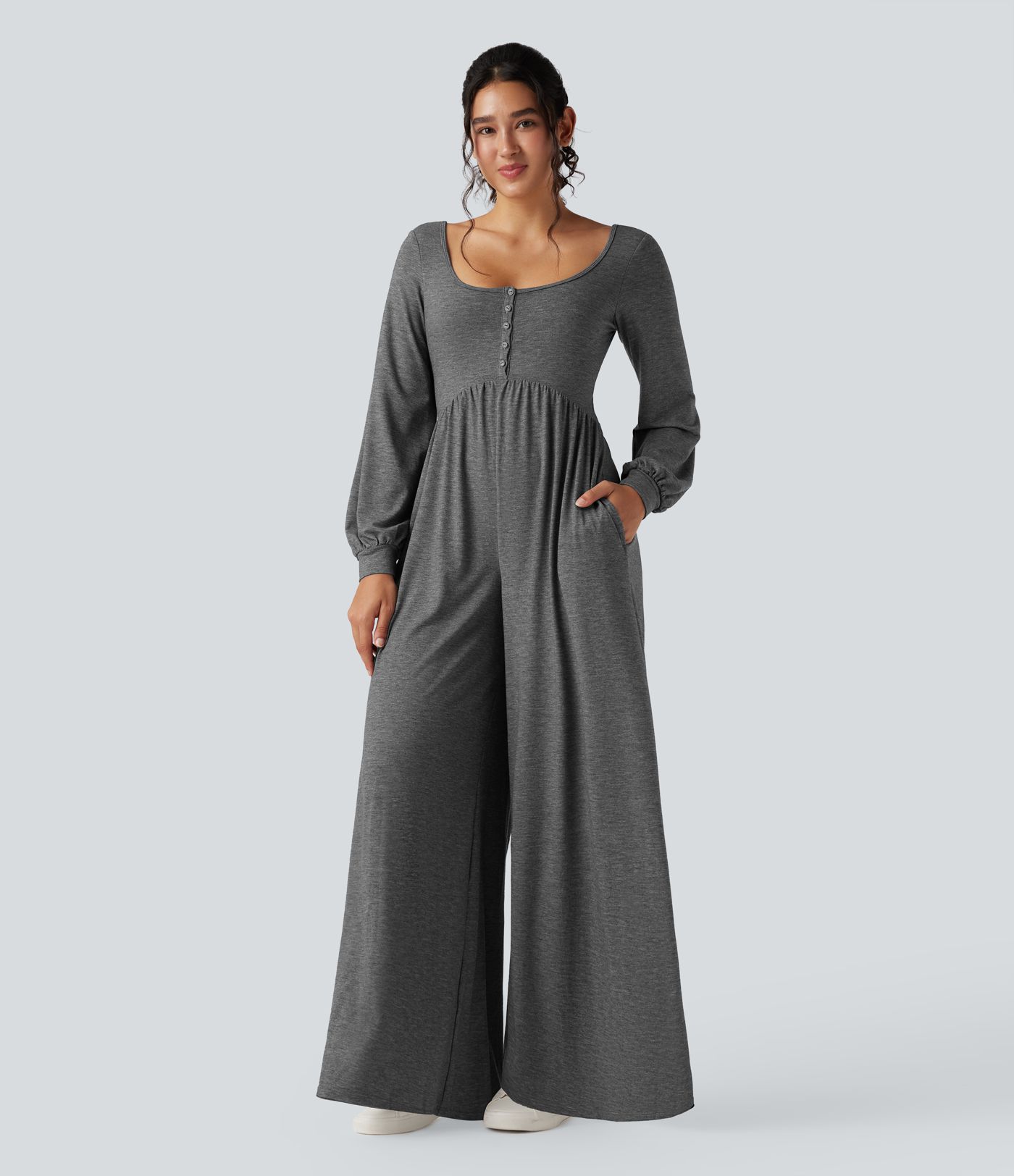 Scoop Neck Backless Long Sleeve Heathered Casual Wide Leg Jumpsuit with Pockets-Easy Peezy