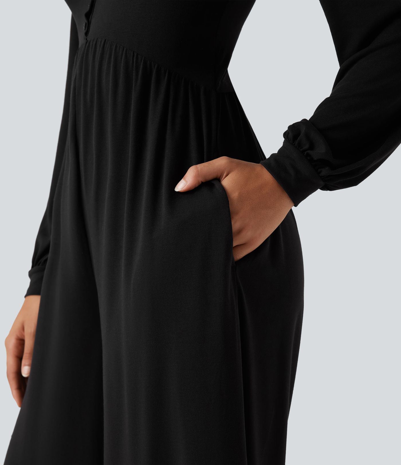 Scoop Neck Backless Long Sleeve Heathered Casual Wide Leg Jumpsuit with Pockets-Easy Peezy