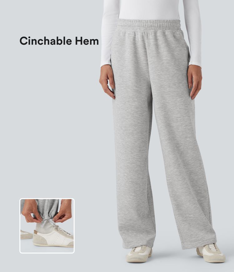 High Waisted Drawstring Cinchable Hem Casual Wide Leg Pants with Pockets