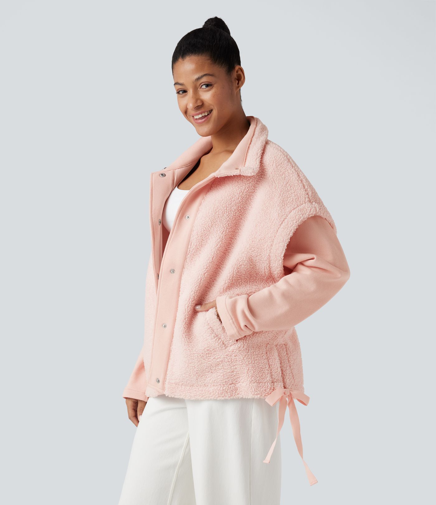 High-neck Knot 2-in-1 Casual Sherpa Jacket with Pockets