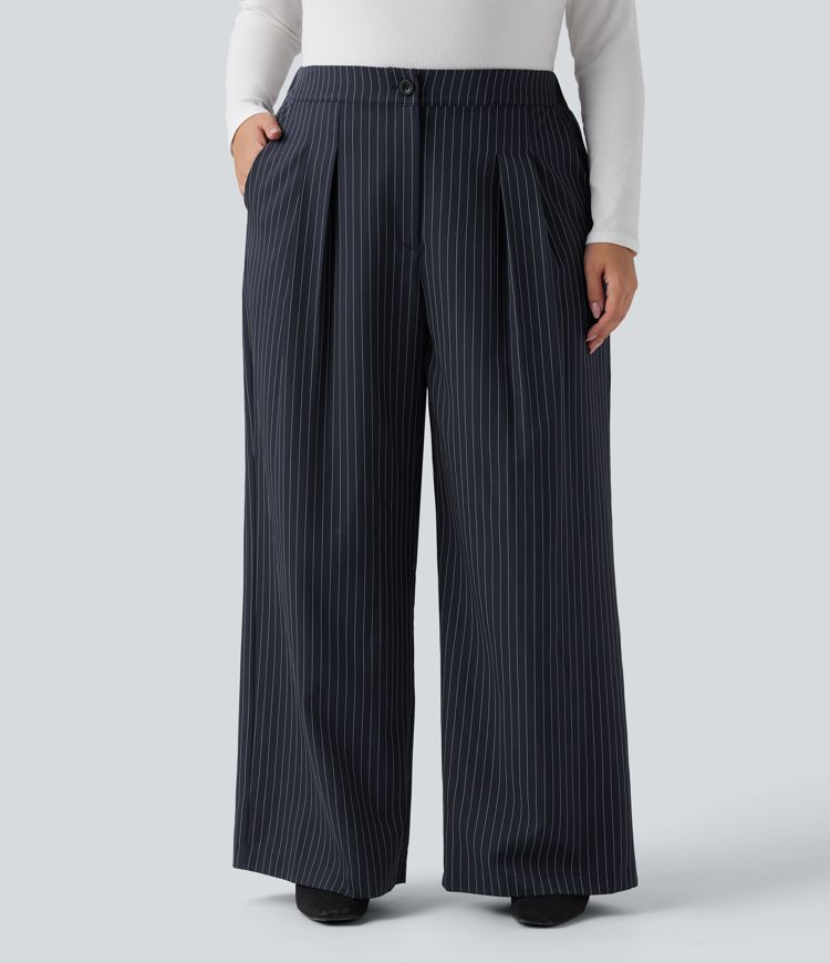 High Waisted Wide Leg Striped Work Plus Size Trousers with Pockets