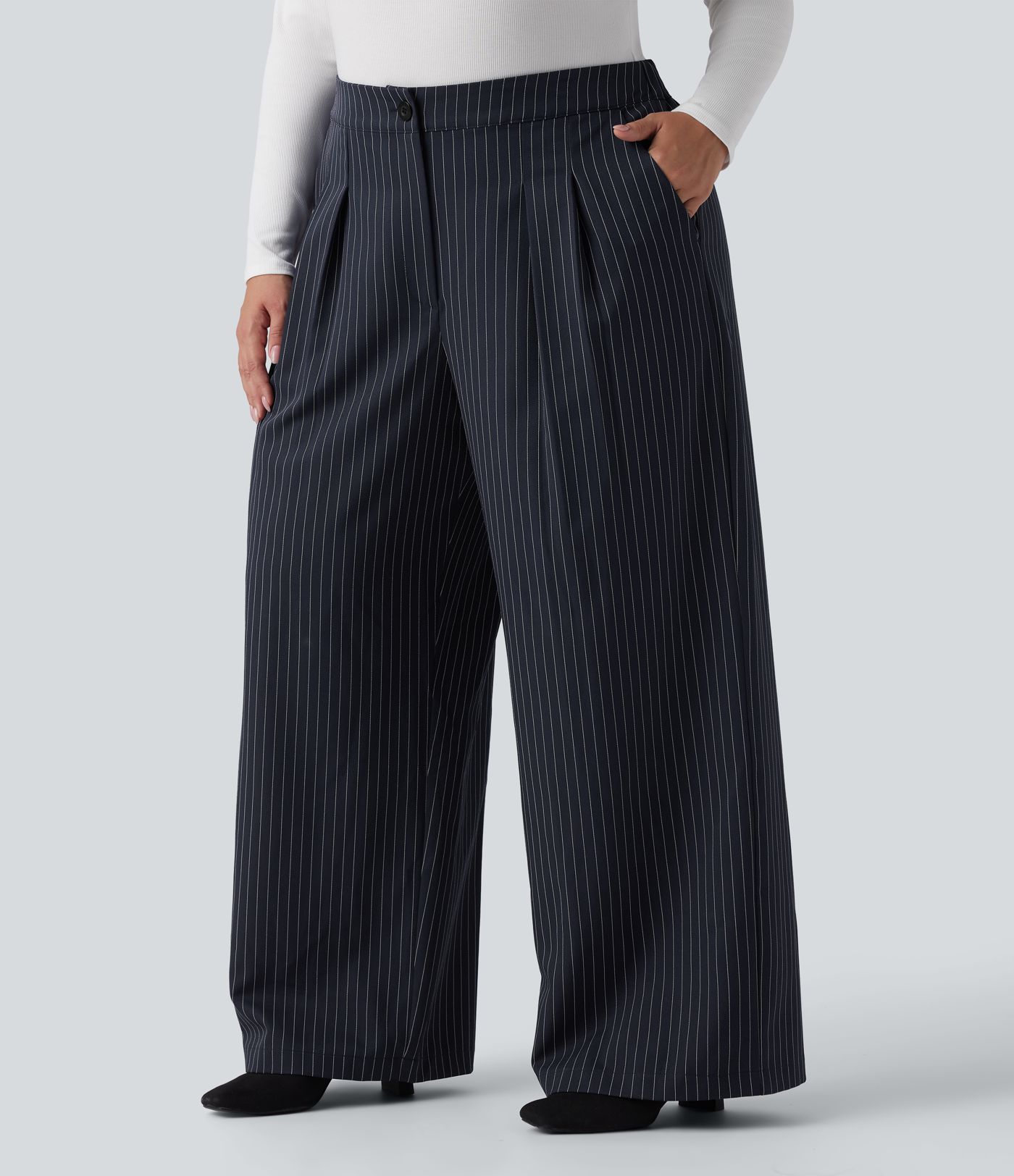 High Waisted Wide Leg Striped Work Plus Size Pants with Pockets