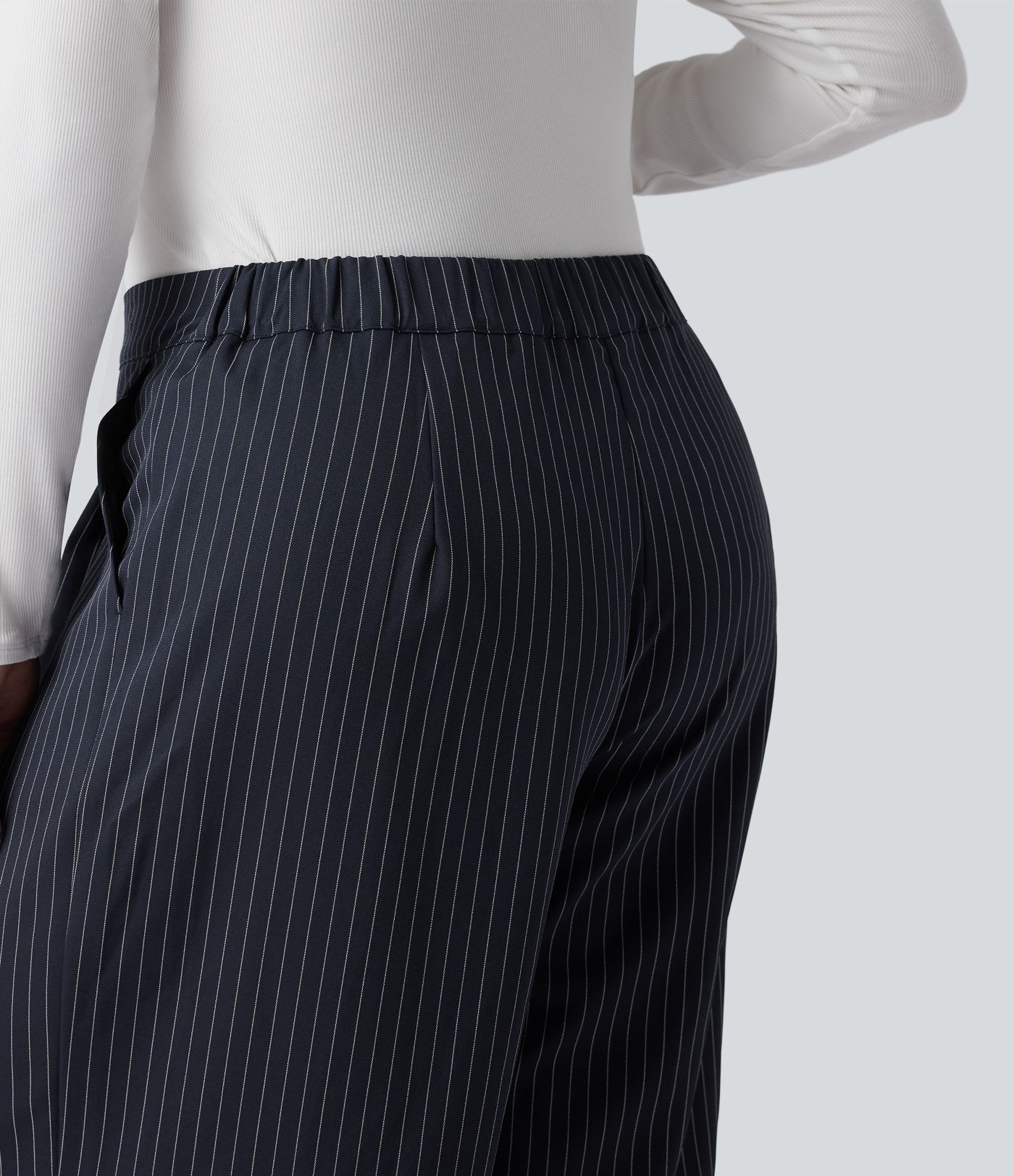 High Waisted Wide Leg Striped Work Plus Size Pants with Pockets