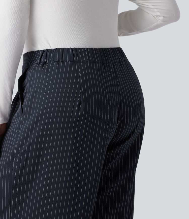 High Waisted Wide Leg Striped Work Plus Size Trousers with Pockets