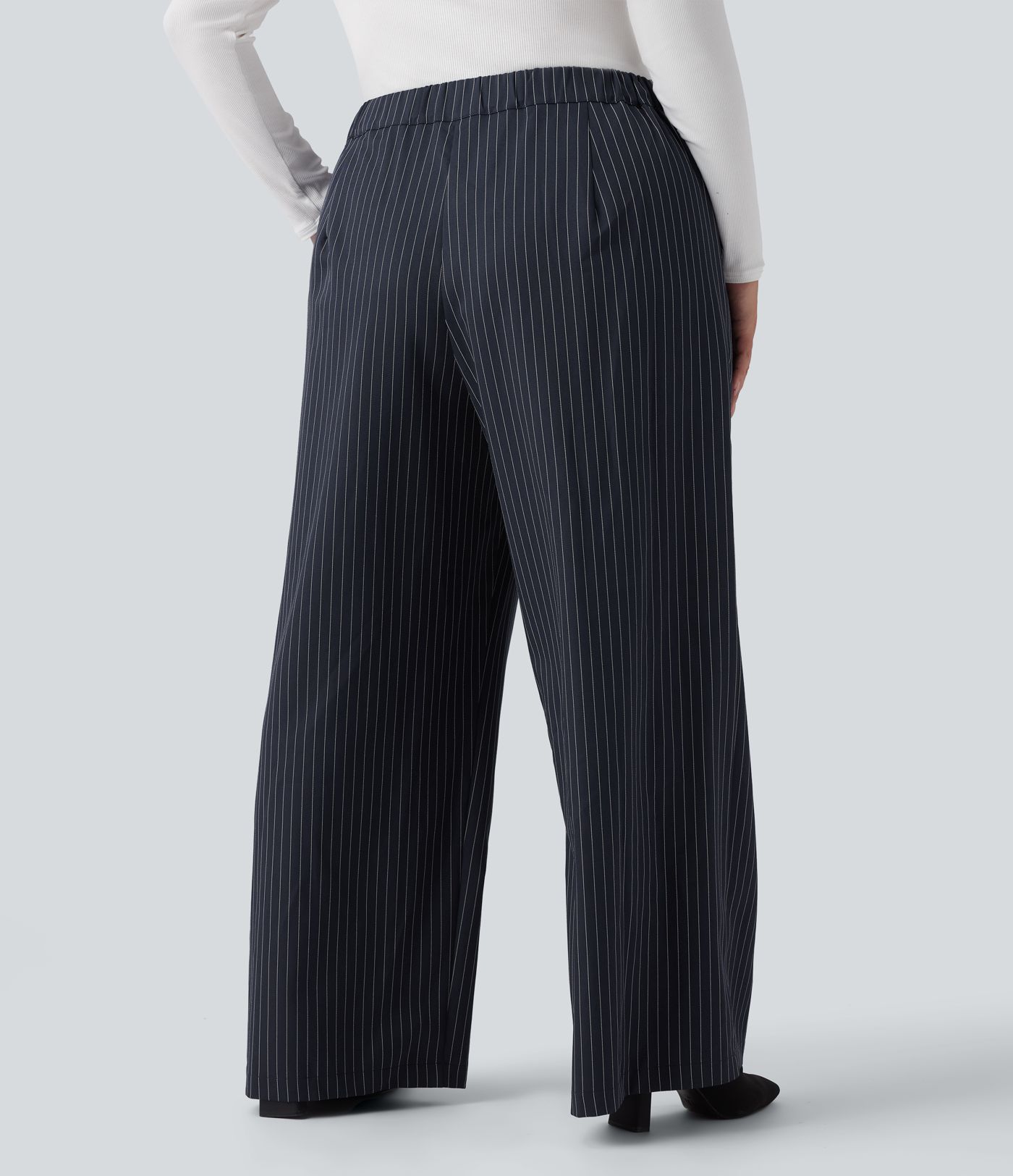 High Waisted Wide Leg Striped Work Plus Size Pants with Pockets