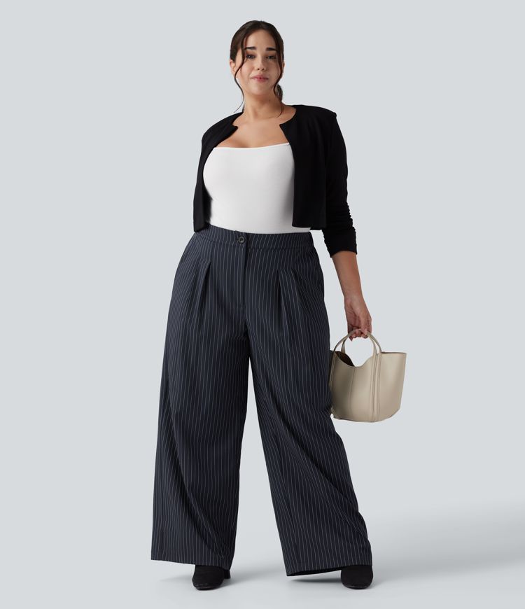 High Waisted Wide Leg Striped Work Plus Size Trousers with Pockets