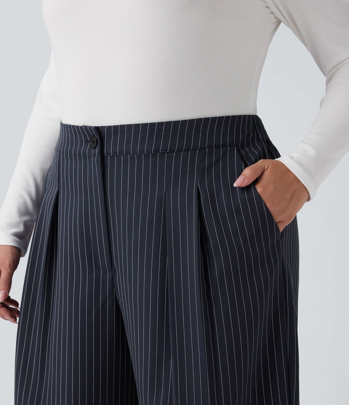 High Waisted Wide Leg Striped Work Plus Size Pants with Pockets