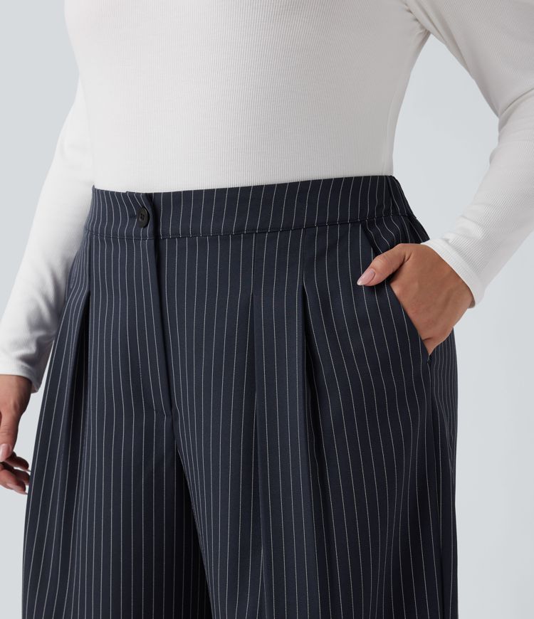 High Waisted Wide Leg Striped Work Plus Size Trousers with Pockets