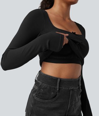 Ribbed Knit Molded Cups Push-Up Square Neck Long Sleeve Thumb Holes Bow Casual T-Shirt A/B Cup