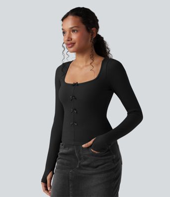 Ribbed Knit Molded Cups Push-Up Square Neck Long Sleeve Thumb Holes Bow Casual T-Shirt A/B Cup