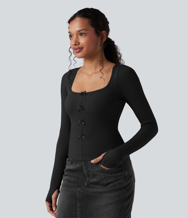 Ribbed Knit Molded Cups Push-Up Square Neck Long Sleeve Thumb Holes Bow Casual T-Shirt A/B Cup