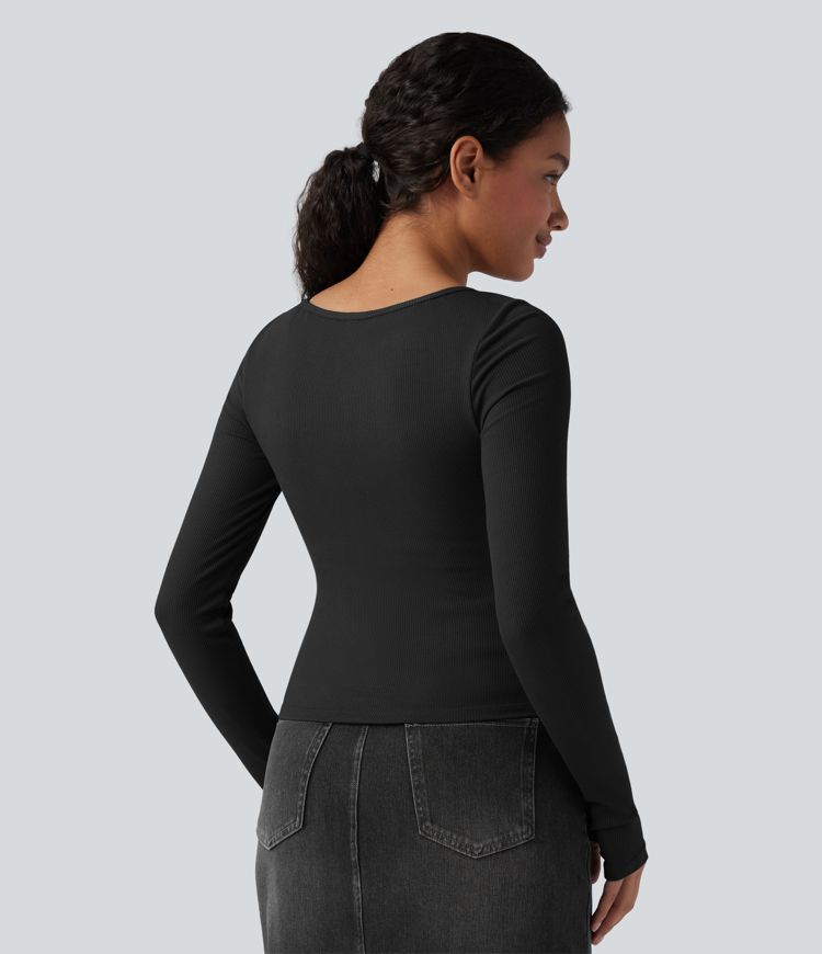 Ribbed Knit Molded Cups Push-Up Square Neck Long Sleeve Thumb Holes Bow Casual T-Shirt A/B Cup